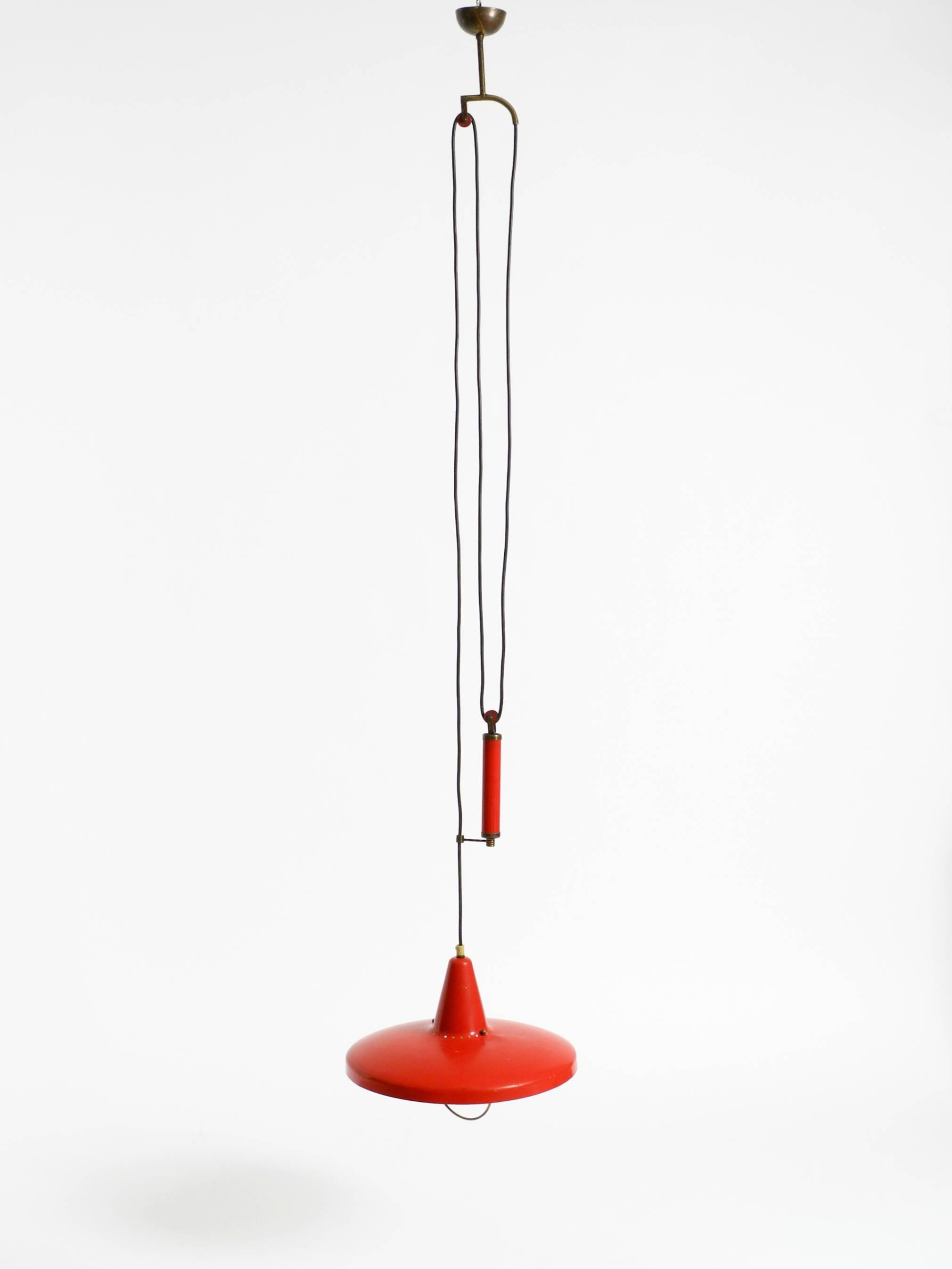 Mid-Century Modern red aluminum pendant lamp, height adjustable, Italy