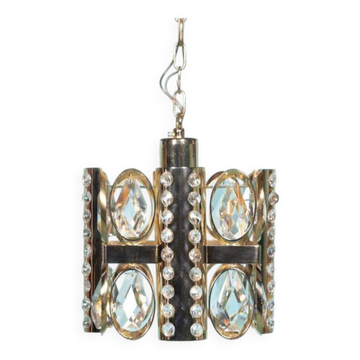 Lustre suspendu Palwa midcentury en cristal, verre et laiton