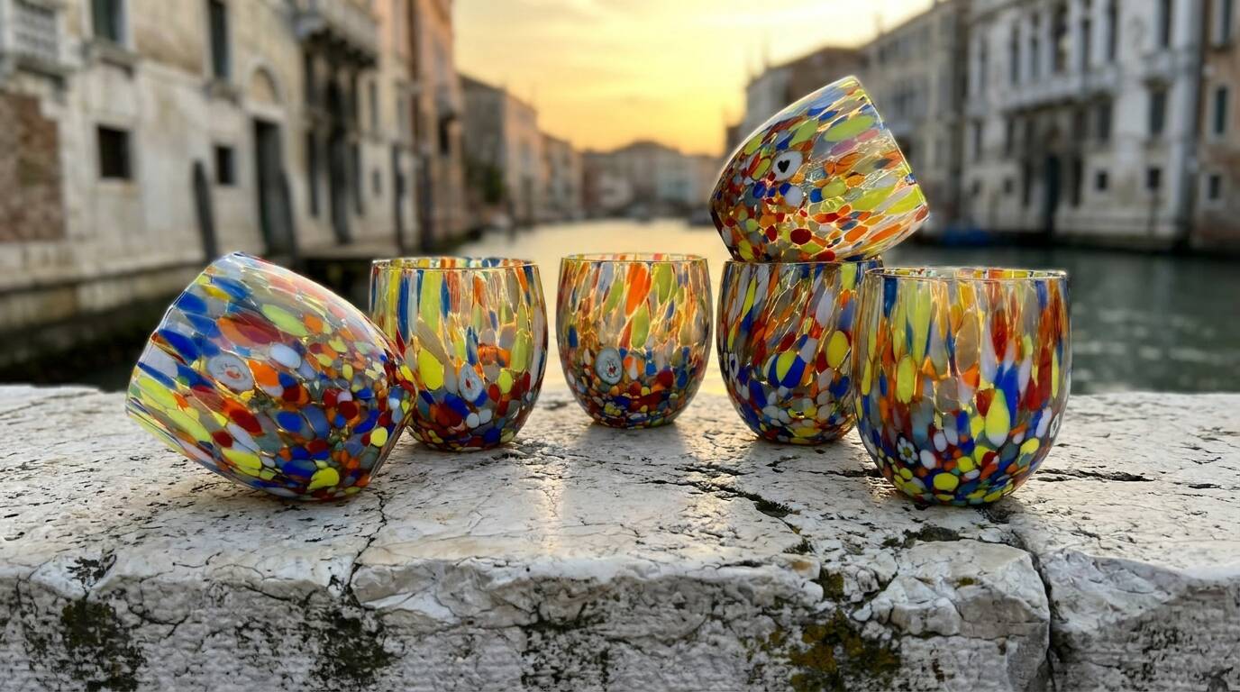 Set of 6 blown glass glasses from Venice with Effetre Murano murrine.