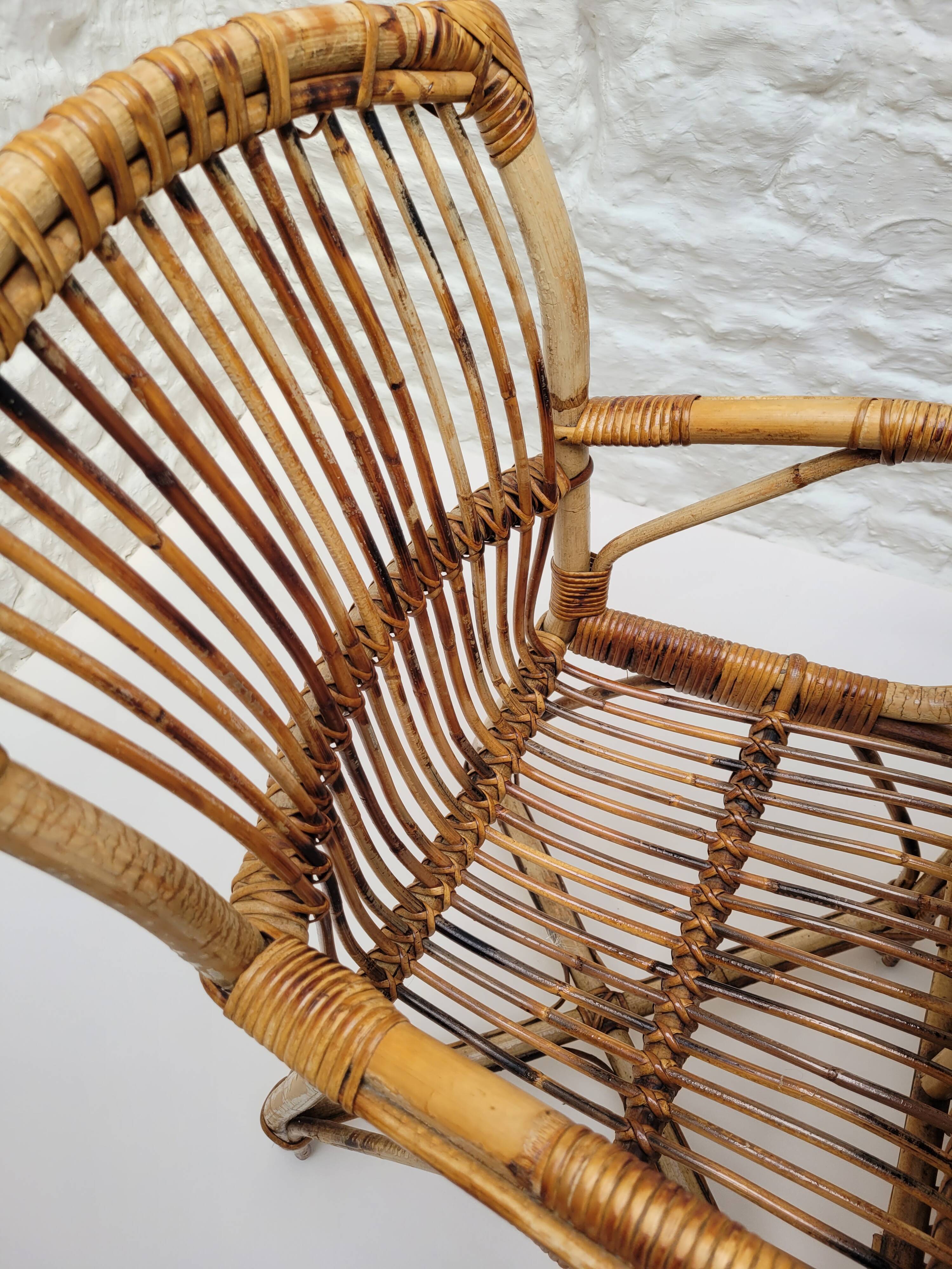 Vintage Audoux Minet bamboo, rattan, and smoked glass table duo.