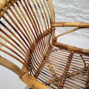 Vintage Audoux Minet bamboo, rattan, and smoked glass table duo.