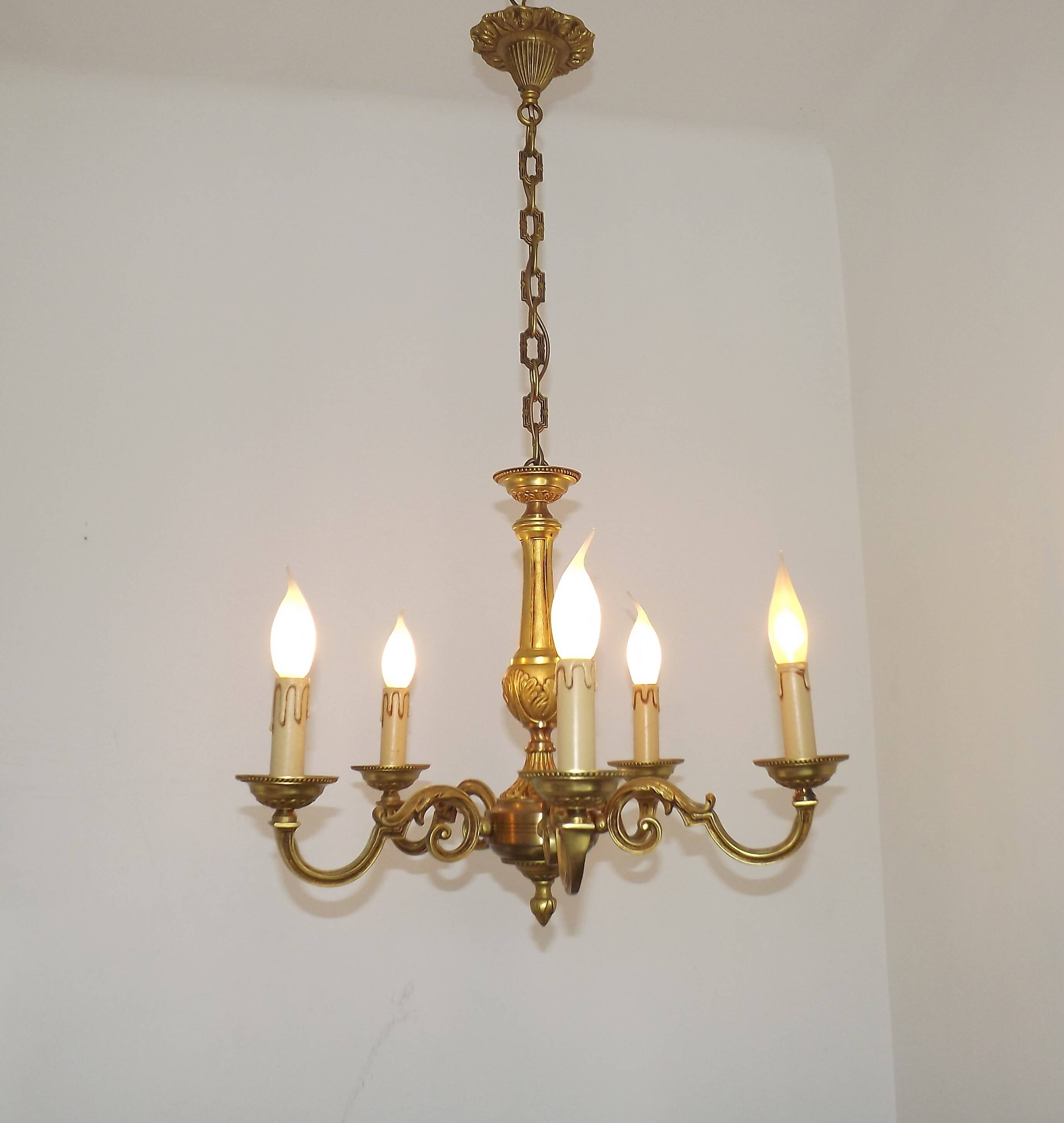 French Vintage Mid-Century Bronze 5-Light Traditional Style Chandelier