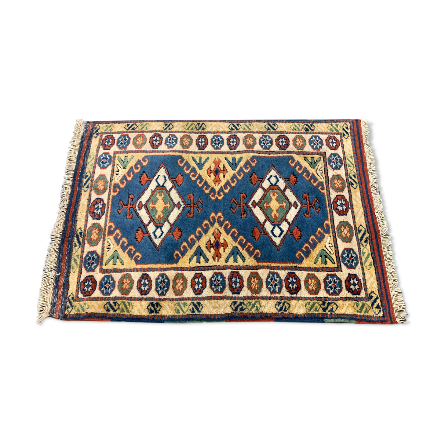 Old Turkish Kazak Rug Oriental 123x95 cm vintage tribal carpet, Red and Blue