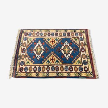 Old Turkish Kazak Rug Oriental 123x95 cm vintage tribal carpet, Red and Blue