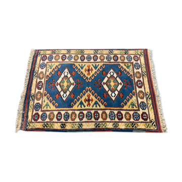 Old Turkish Kazak Rug Oriental 123x95 cm vintage tribal carpet, Red and Blue