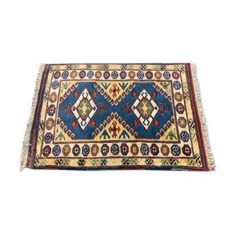 Old Turkish Kazak Rug Oriental 123x95 cm vintage tribal carpet, Red and Blue