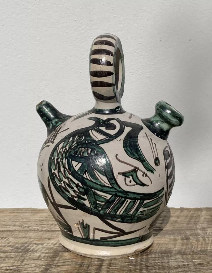 Hand-painted Picasso style ceramic bird jug signed Punter