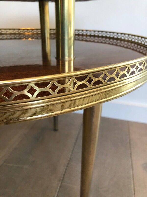 Tripod gueridon in neoclassical style made of mahogany, brass, and a golden metal base.
