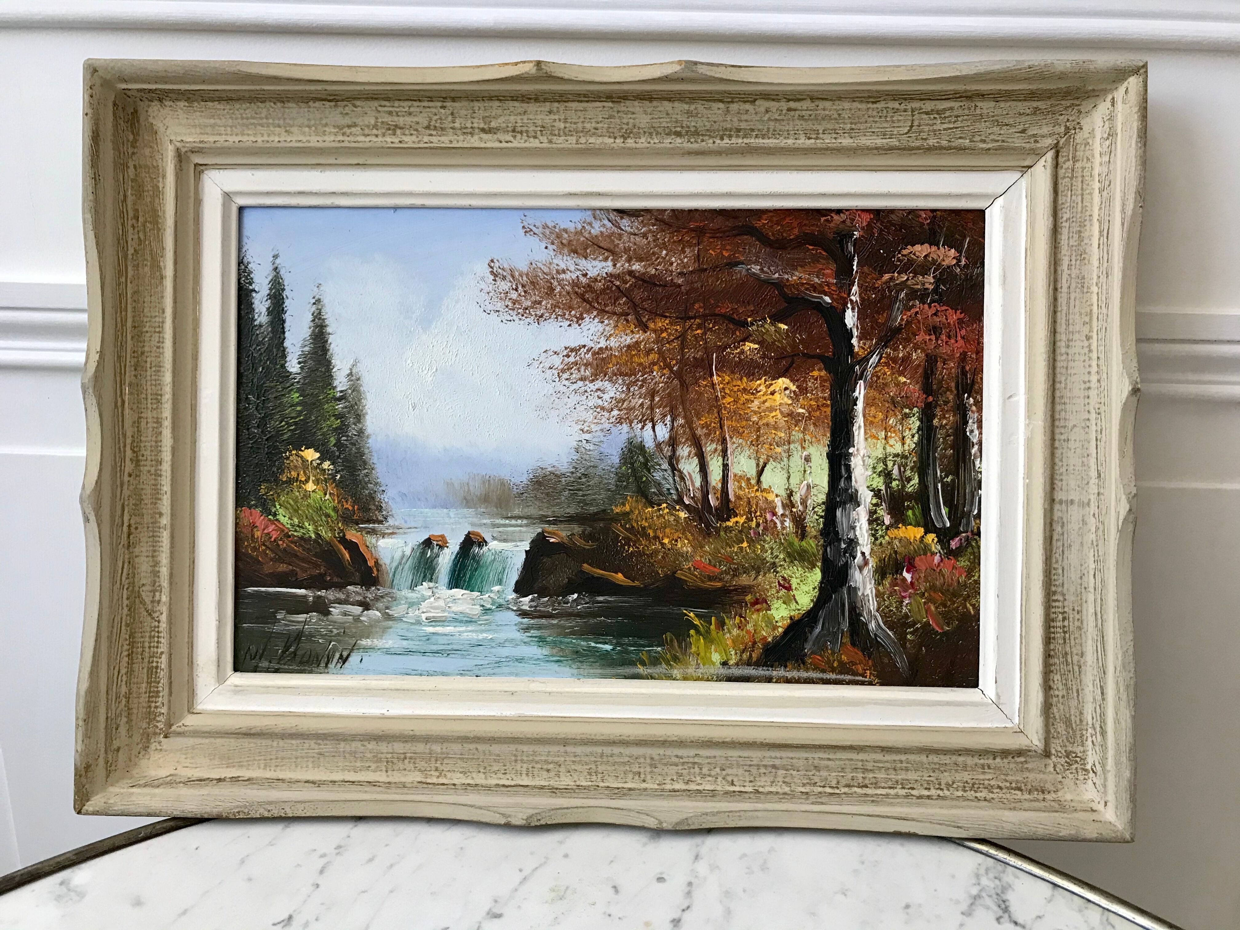 Old landscape vintage river painting signed