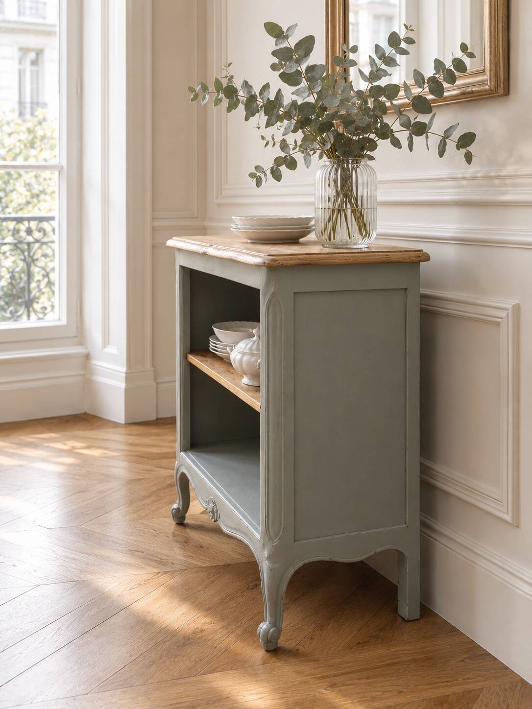Louis XV style library renovated and enhanced in green-grey.