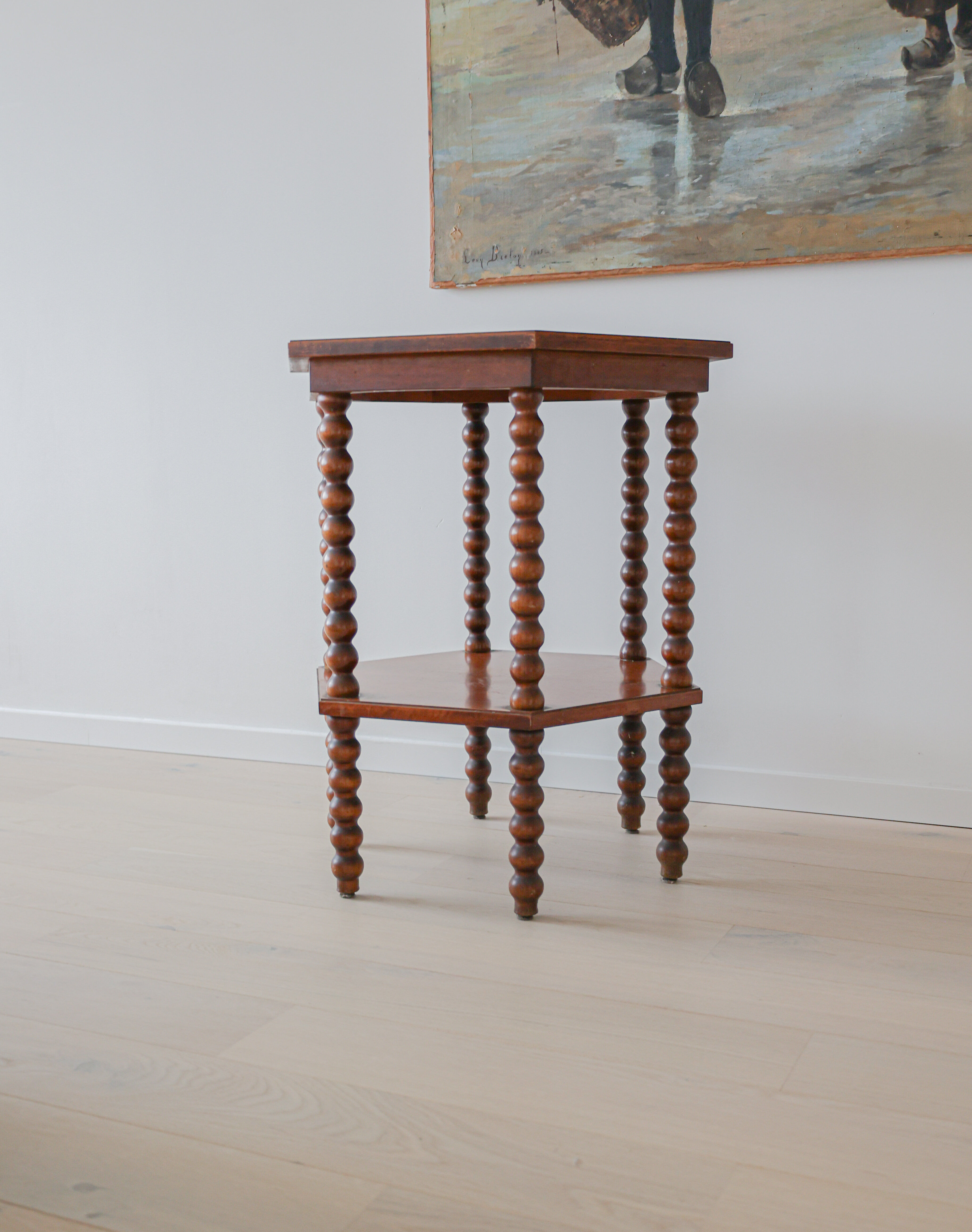 Antique octagonal bobbin side table, Belgium, 1940s