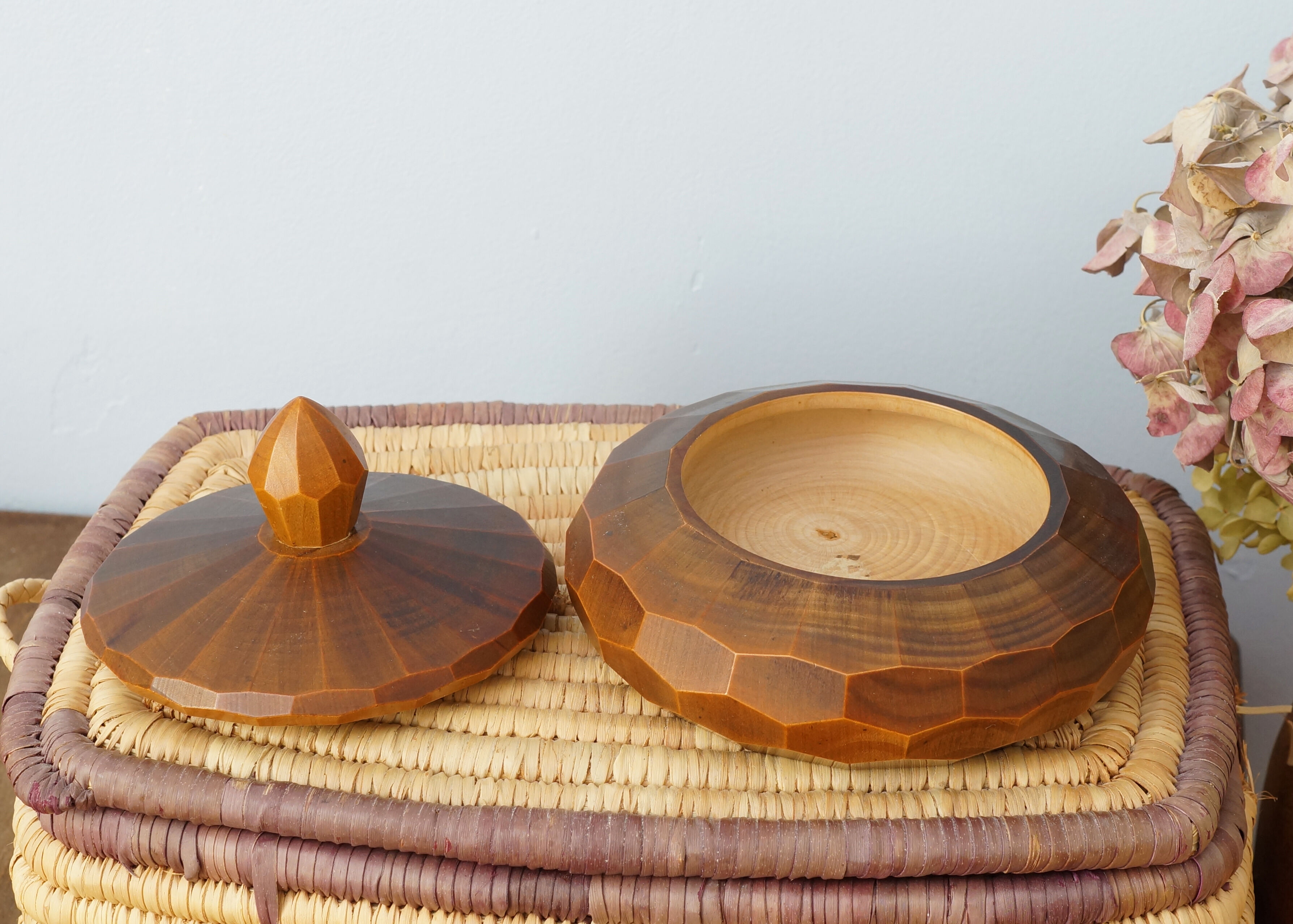 Faceted carved wooden box, vintage