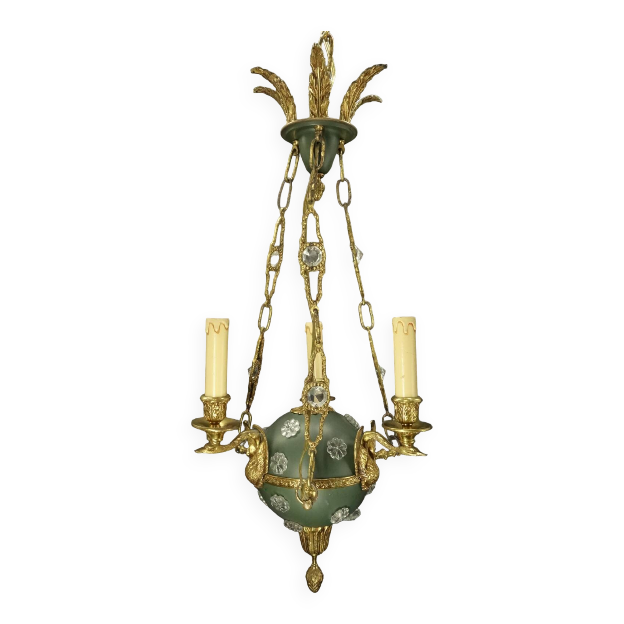 3-light chandelier with swan heads, Empire style - bronze & glass