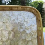 Old tray in woven rattan and mother-of-pearl, 1980s, vintage