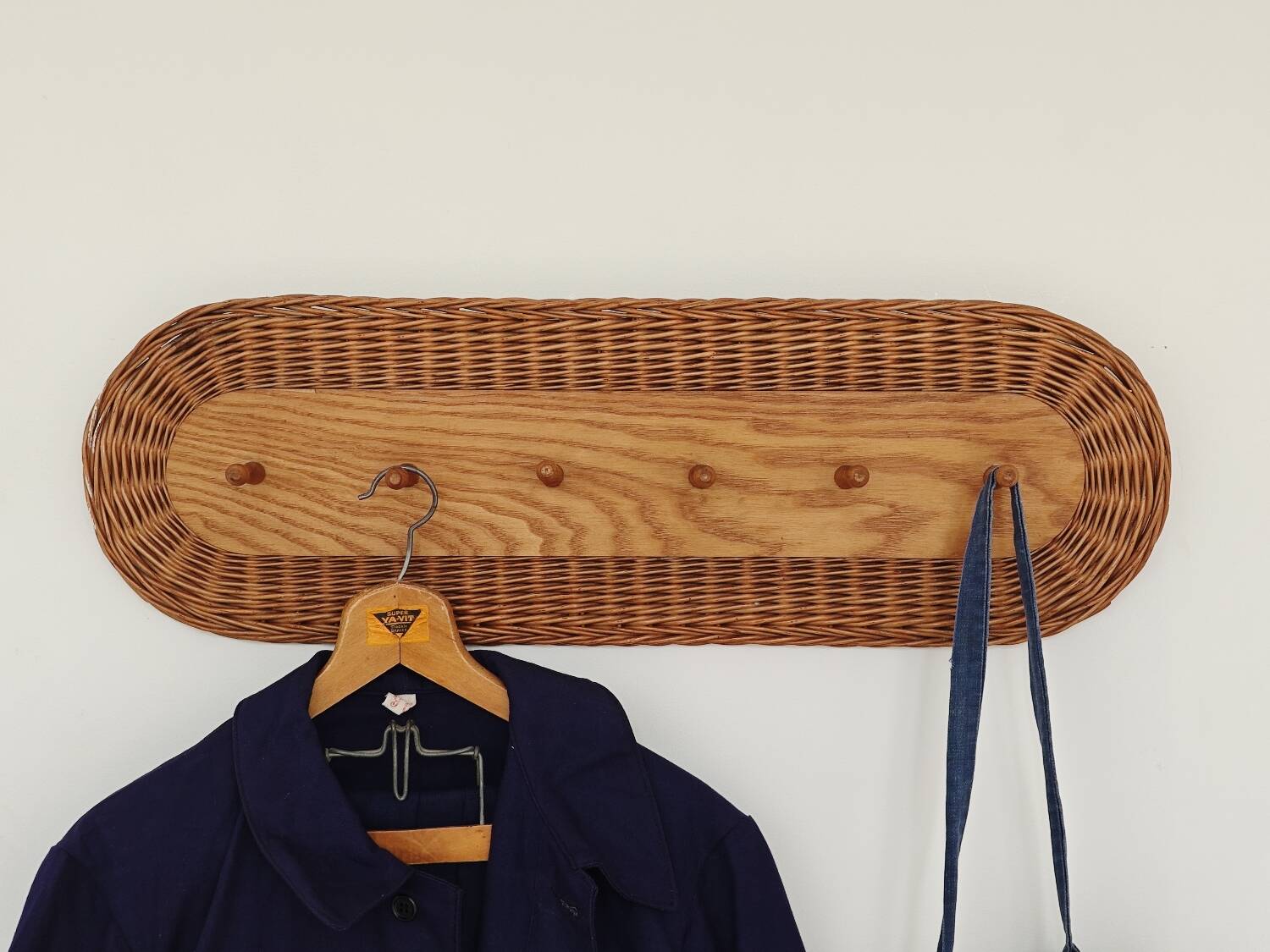 Rattan and wood wall coat rack by ULUV, former Czechoslovakia 1960