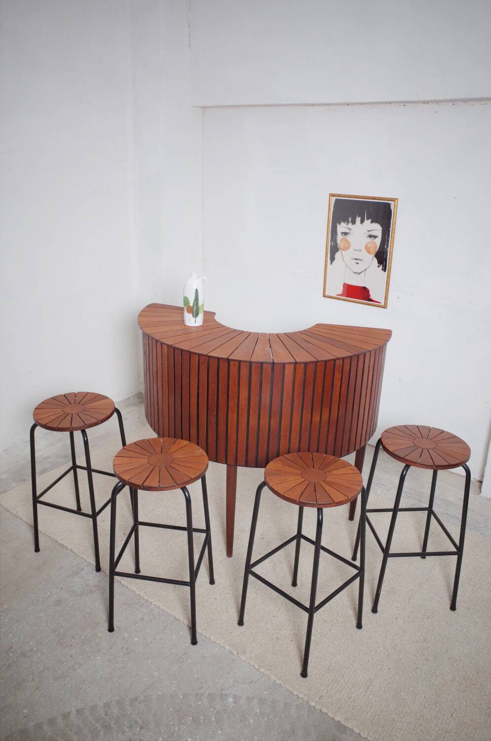 Sika Møbler vintage Bar mit 4 Barhocker aus Teak