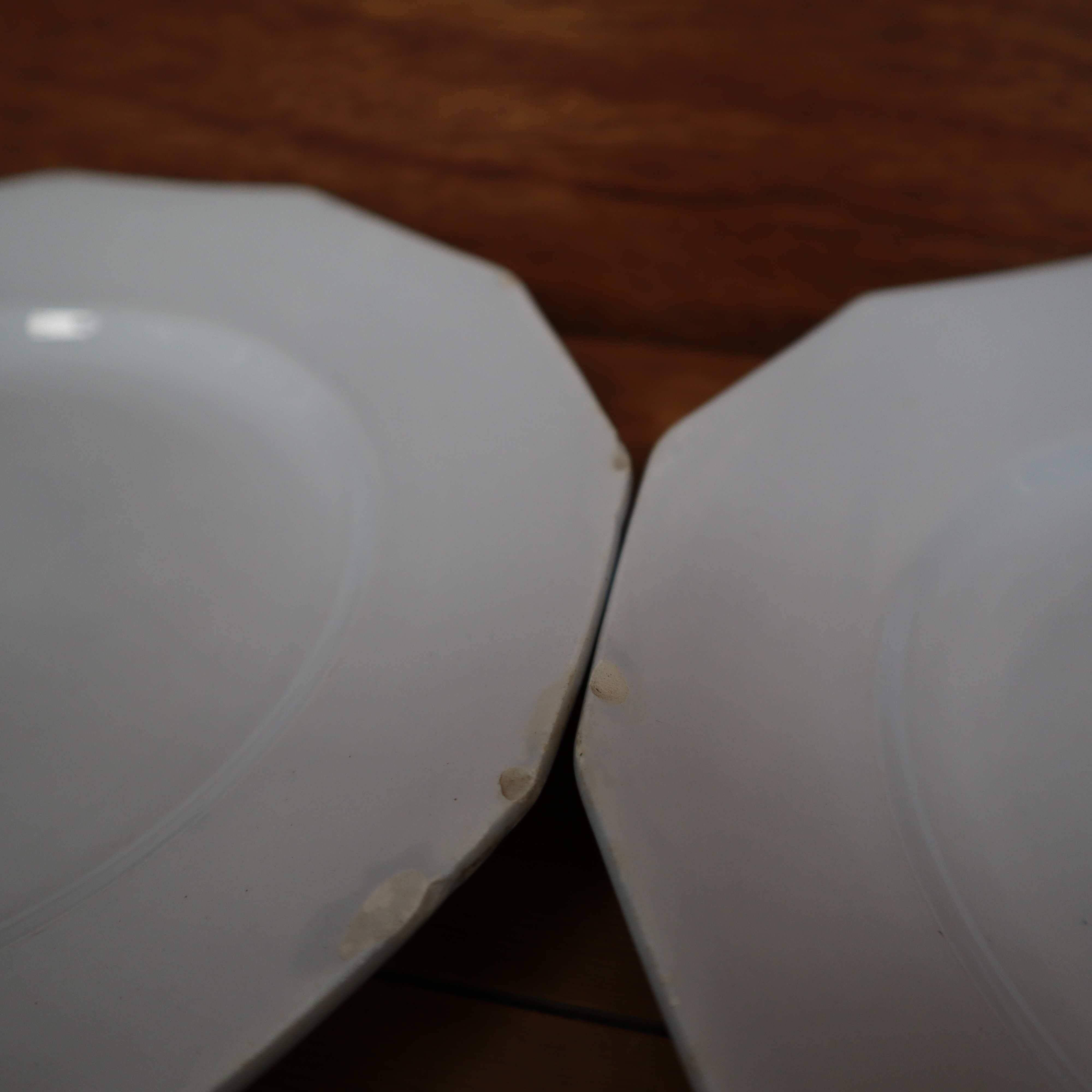 5 flat octagonal earthenware plates Moulin des loups pale blue color