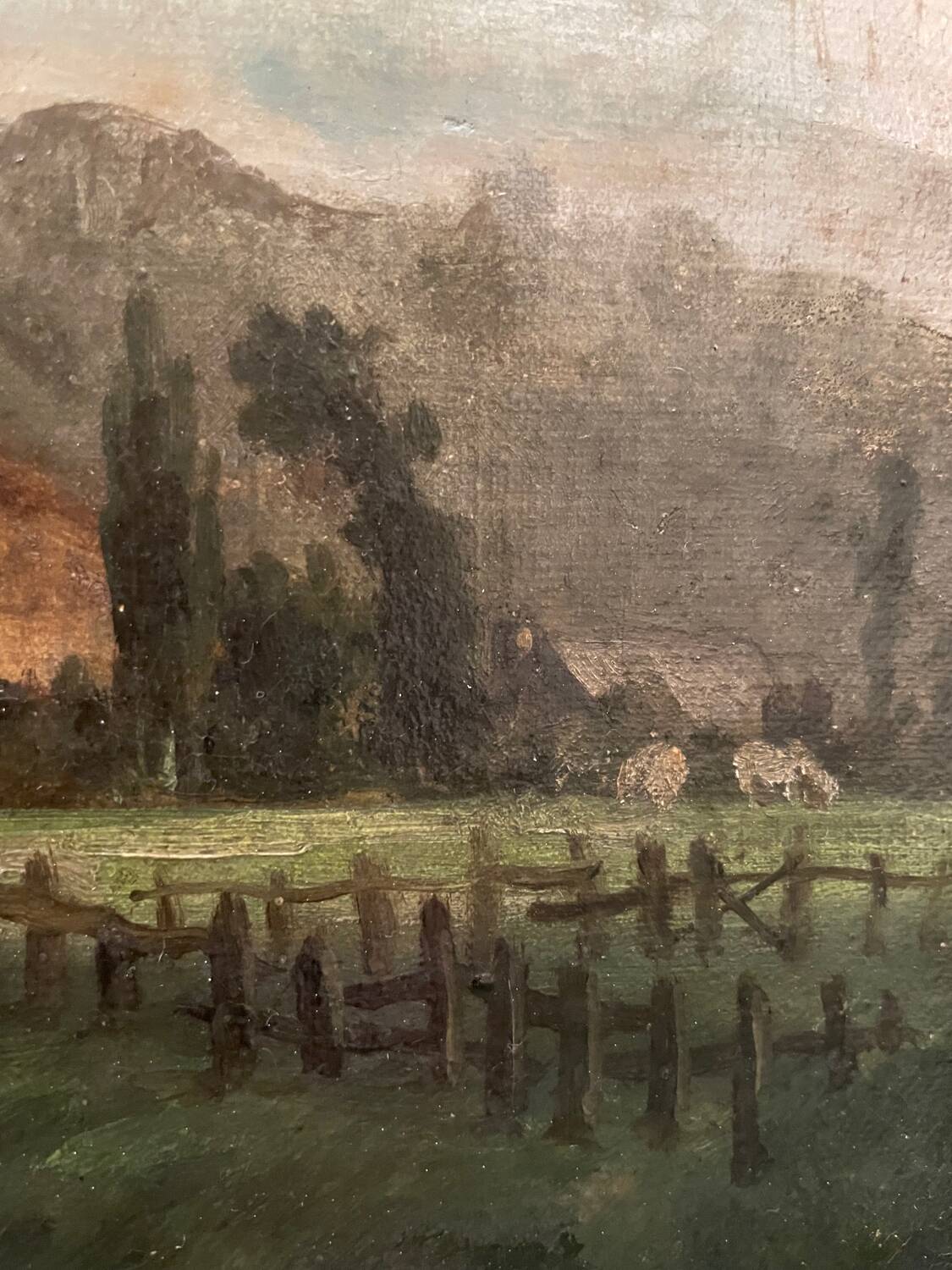 Tableau ancien paysage animé XIXe
