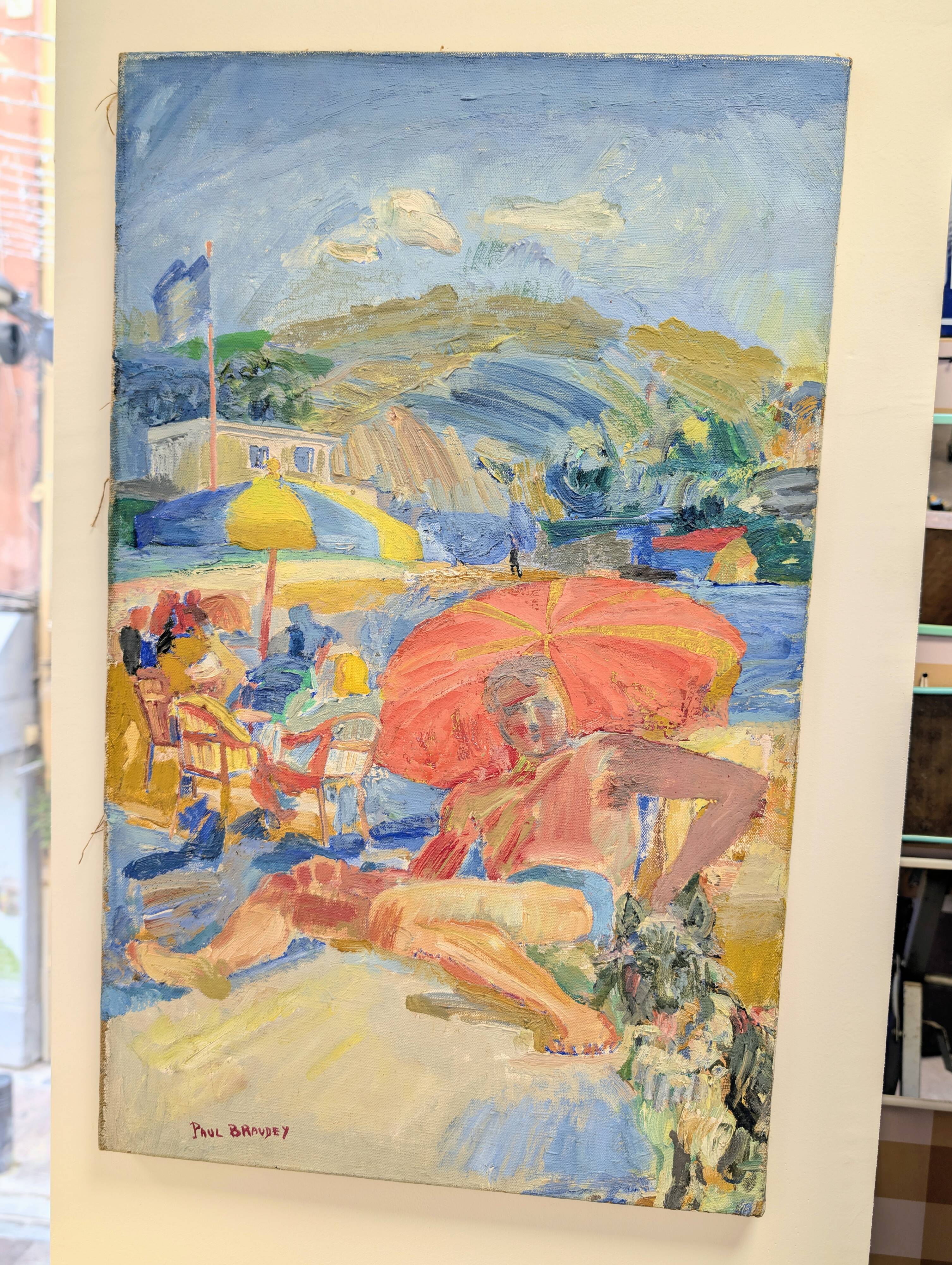 Canvas signed by Paul Braudey – Beach scene, oil on canvas 61 × 38 cm