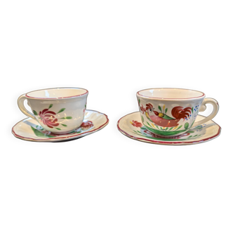 2 Saint Clément cups and saucers with rooster motif
