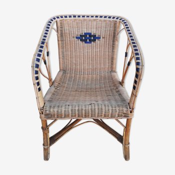 Armchair in wicker rattan and scoubidou