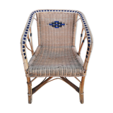 Armchair in wicker rattan and scoubidou