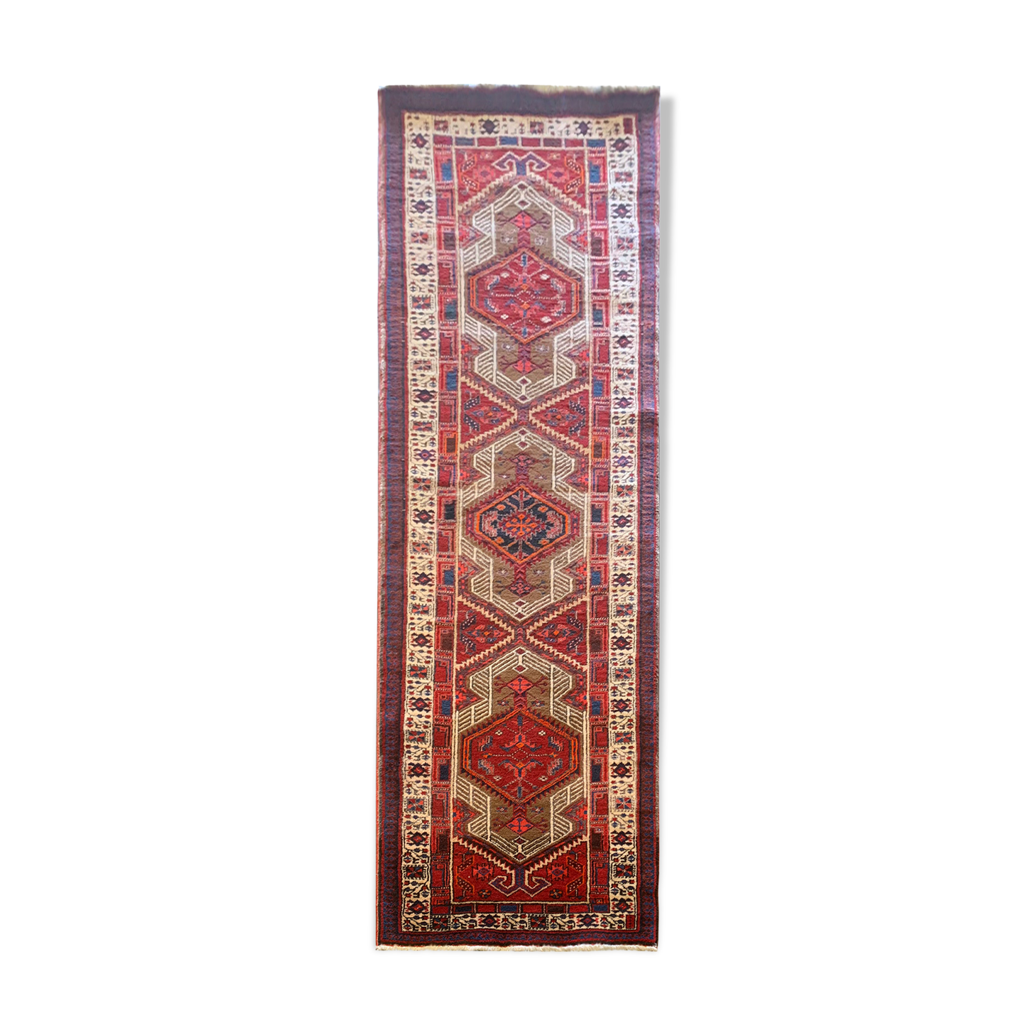 Red vintage persian hamedan rug 1930 handwoven tribal runner 99x337cm