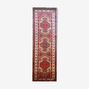 Red vintage persian hamedan rug 1930 handwoven tribal runner 99x337cm