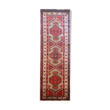 Red vintage persian hamedan rug 1930 handwoven tribal runner 99x337cm