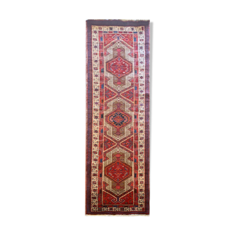 Red vintage persian hamedan rug 1930 handwoven tribal runner 99x337cm