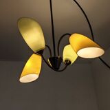 Lustre laiton et verre 4 feux jaune et vert année 60