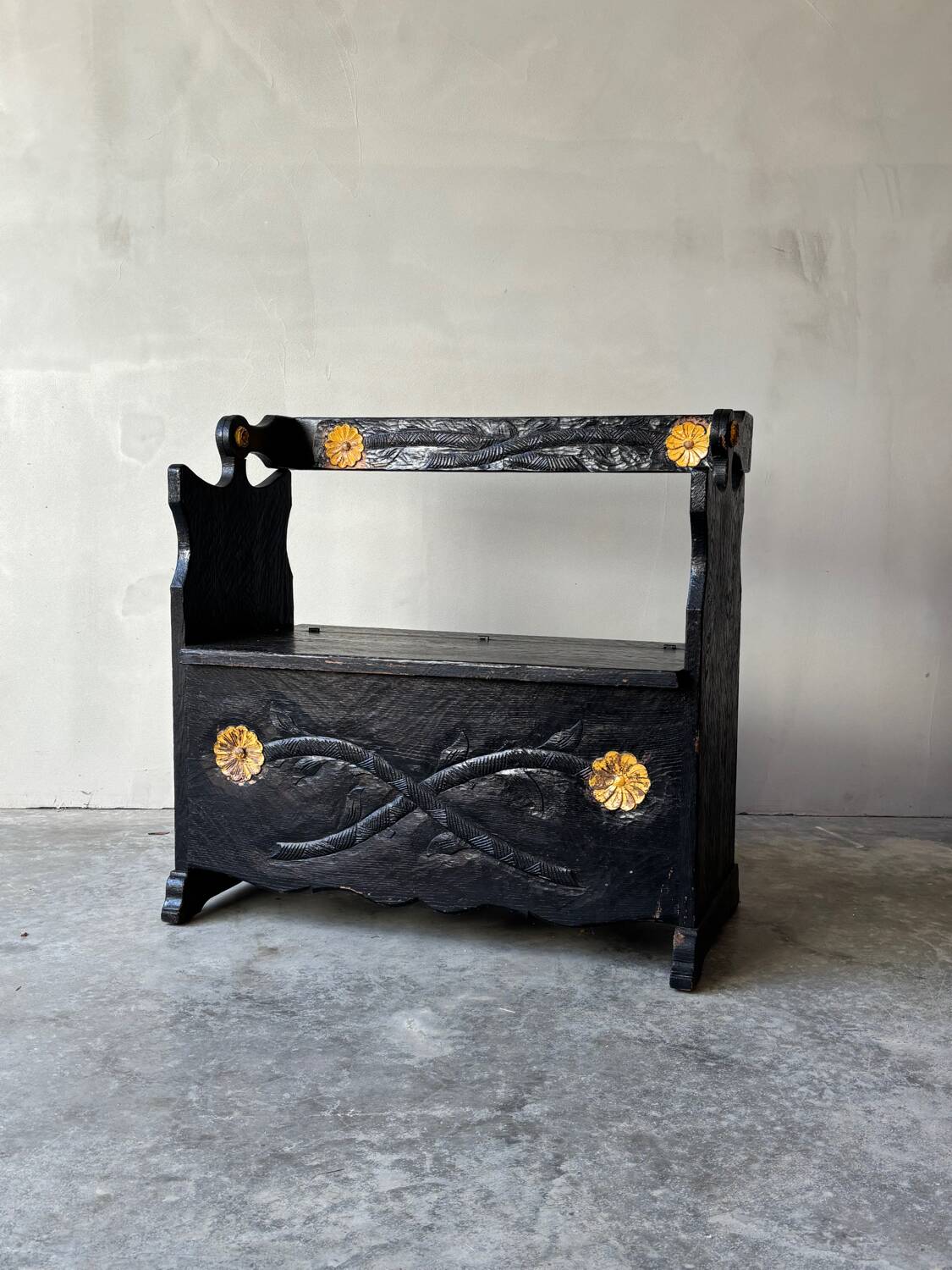 Vintage carved black storage bench – Folk art, early 20th century