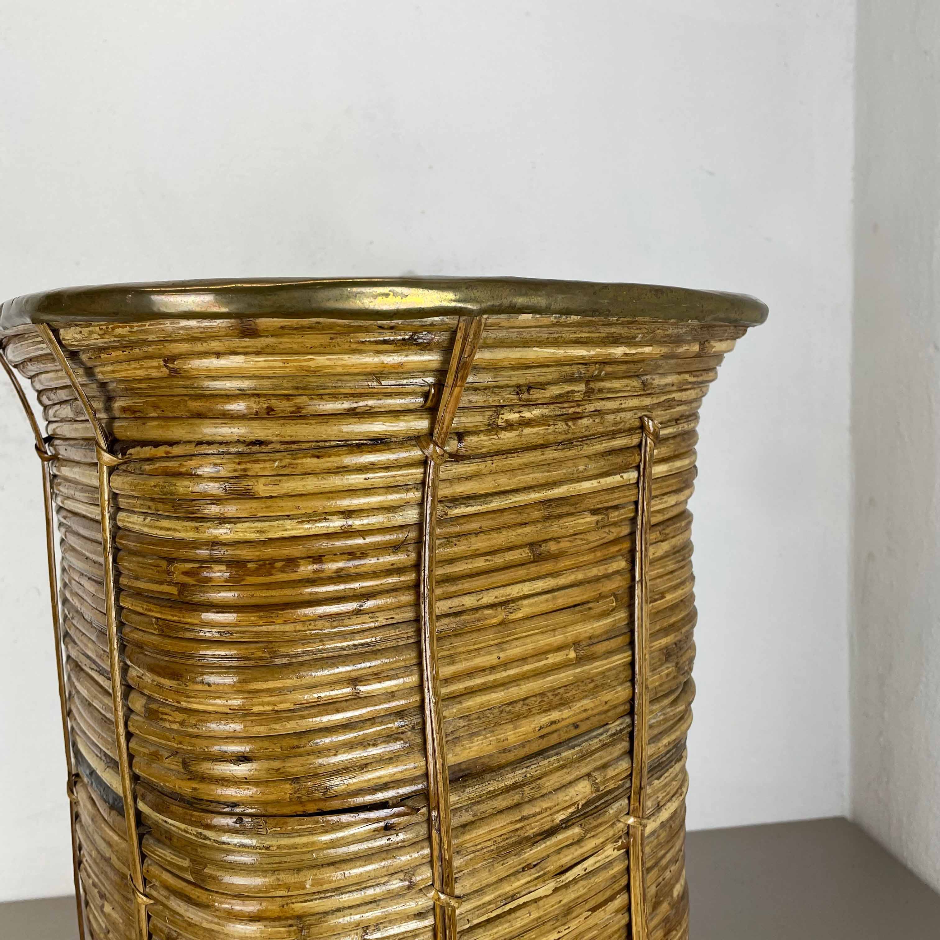 Aubock style rattan and brass bauhaus waste bin France 1960s