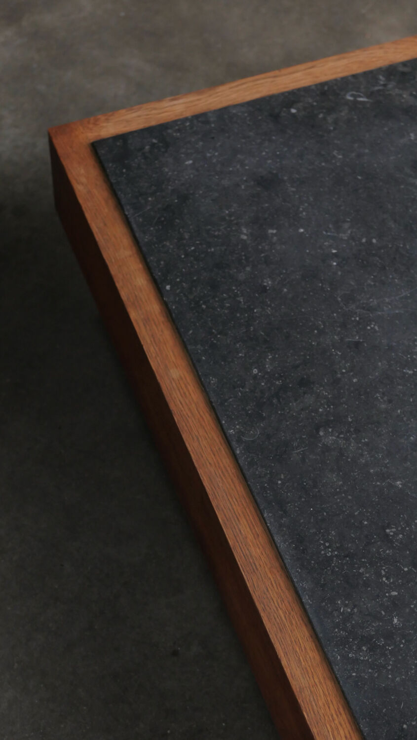 Belgian coffee table from the 80s, oak and blue stone from Belgium.