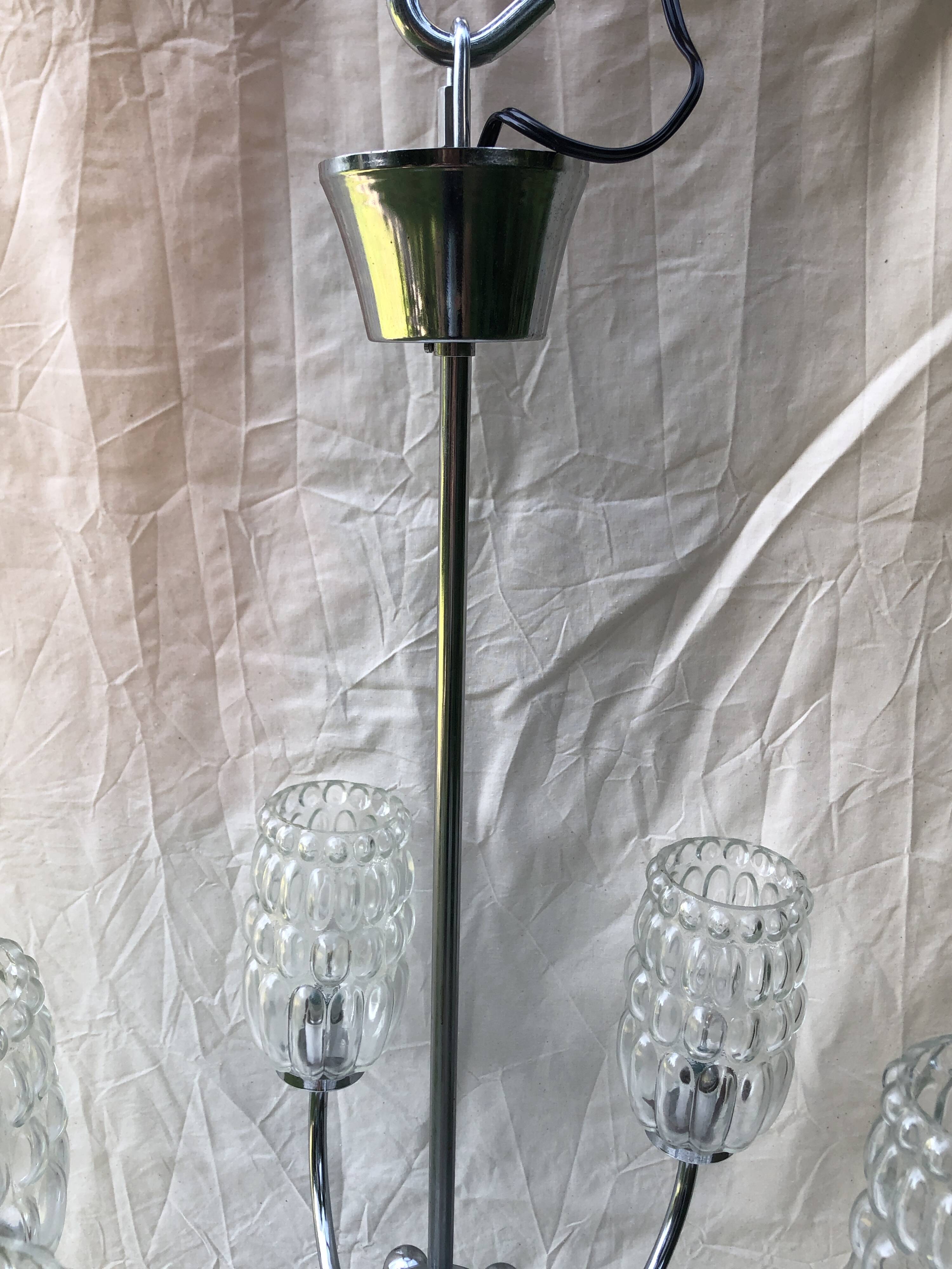 6-branched chrome chandelier & glass lampshades