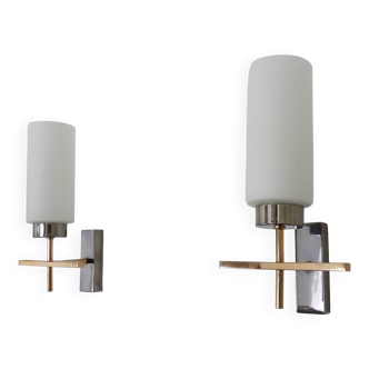 Pair of chrome-plated metal and opaline brass wall lights. 1960s