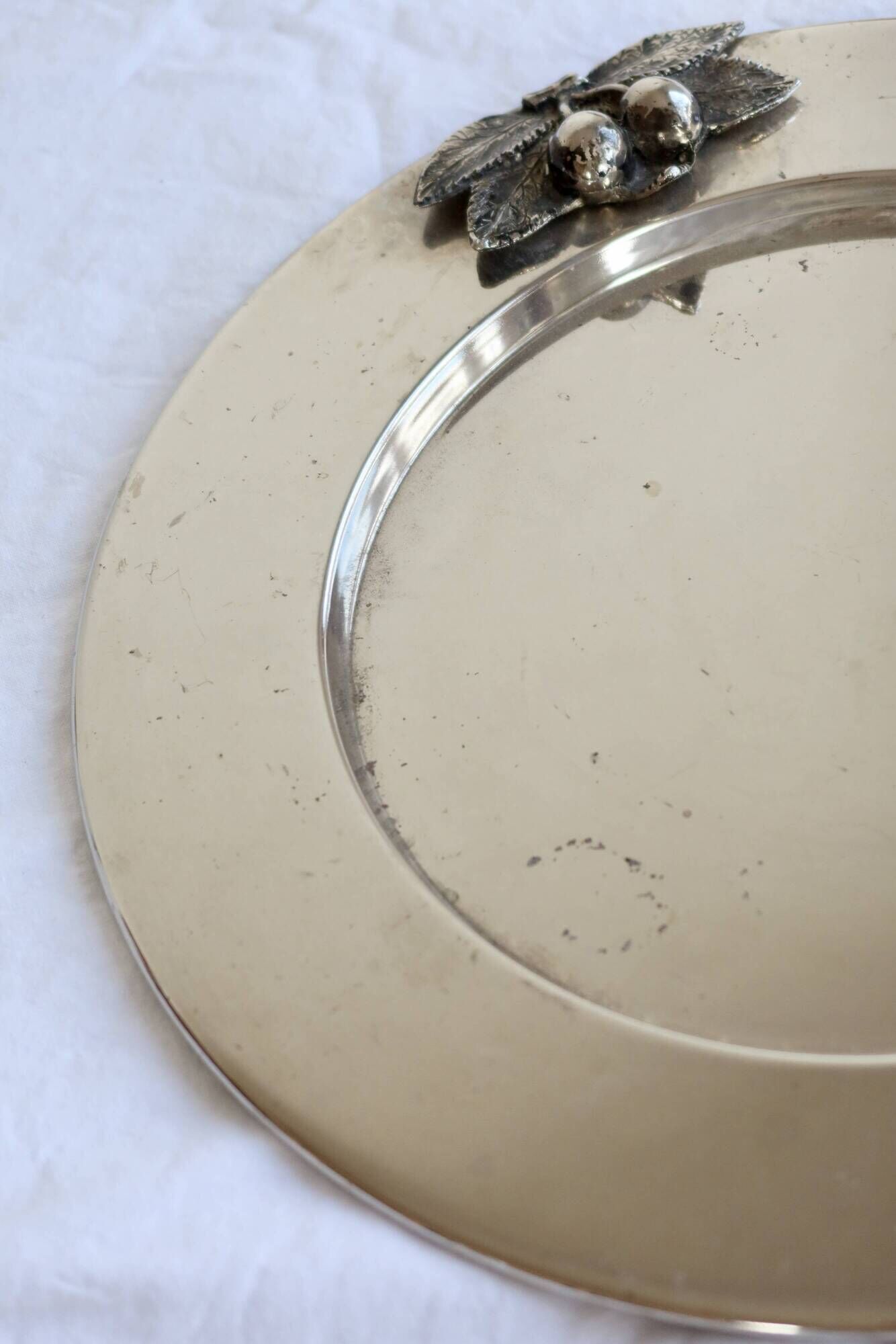 Vintage silver-plated round serving tray cherries