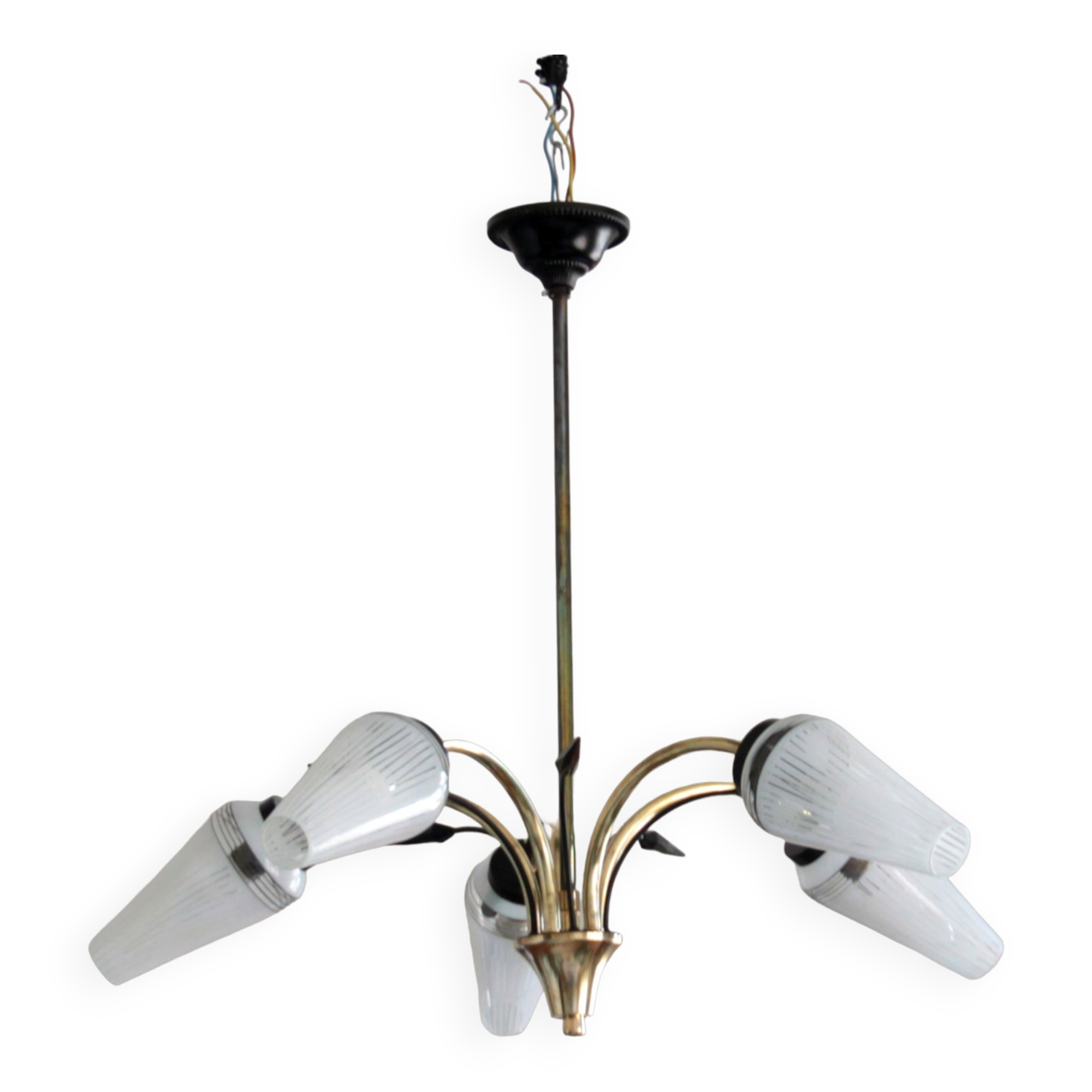Old chandelier brass and glass tulip 1950 1960 vintage decoration lighting suspension