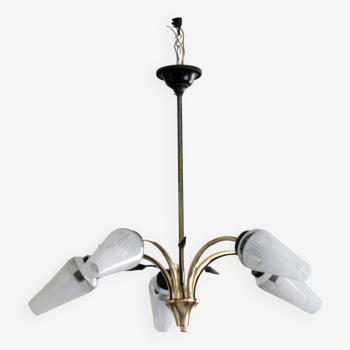 Old chandelier brass and glass tulip 1950 1960 vintage decoration lighting suspension