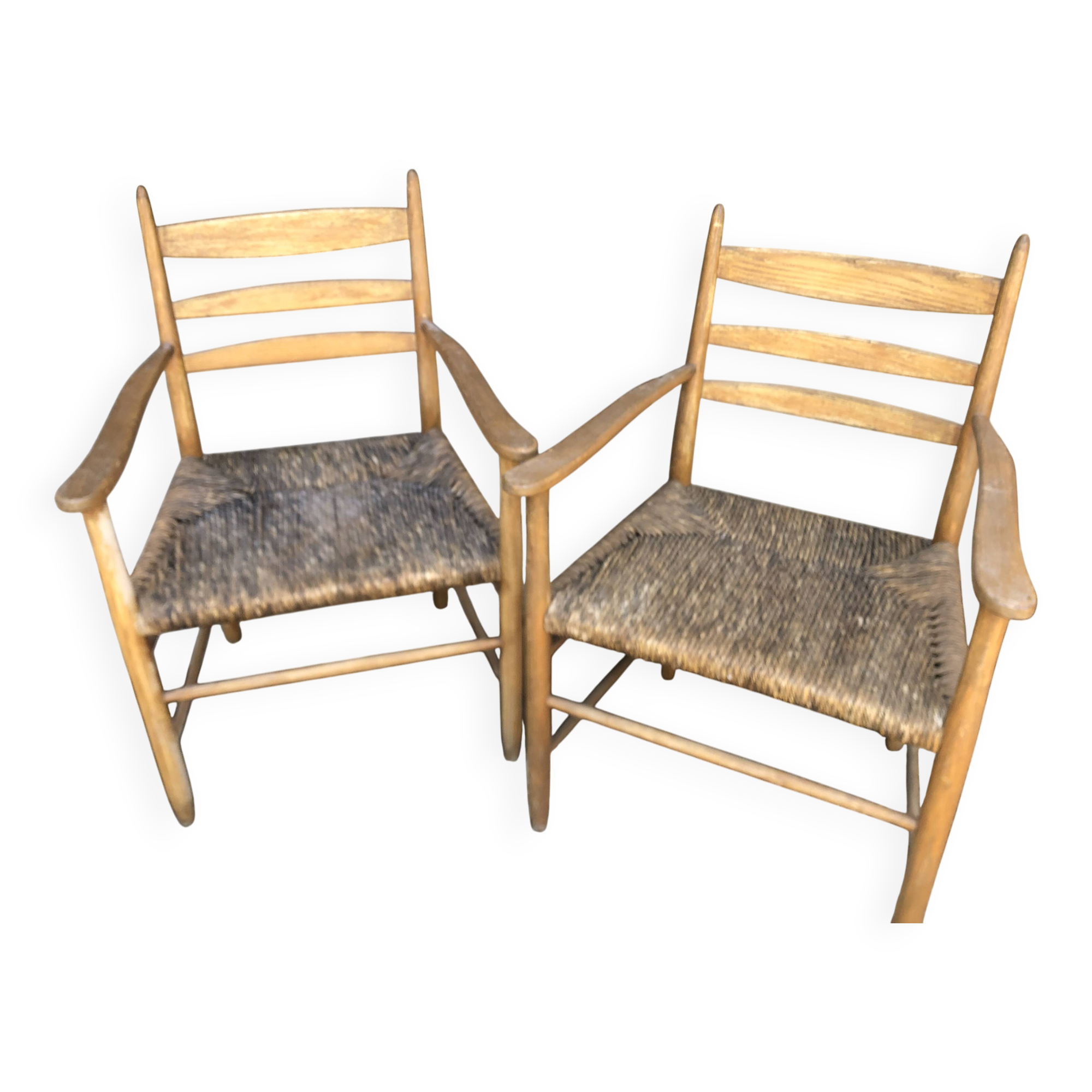 Fauteuils bois clair corde paille vintage Années 60