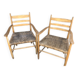 Vintage 60s light wood and straw rope armchairs