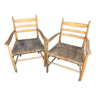 Fauteuils bois clair corde paille vintage Années 60