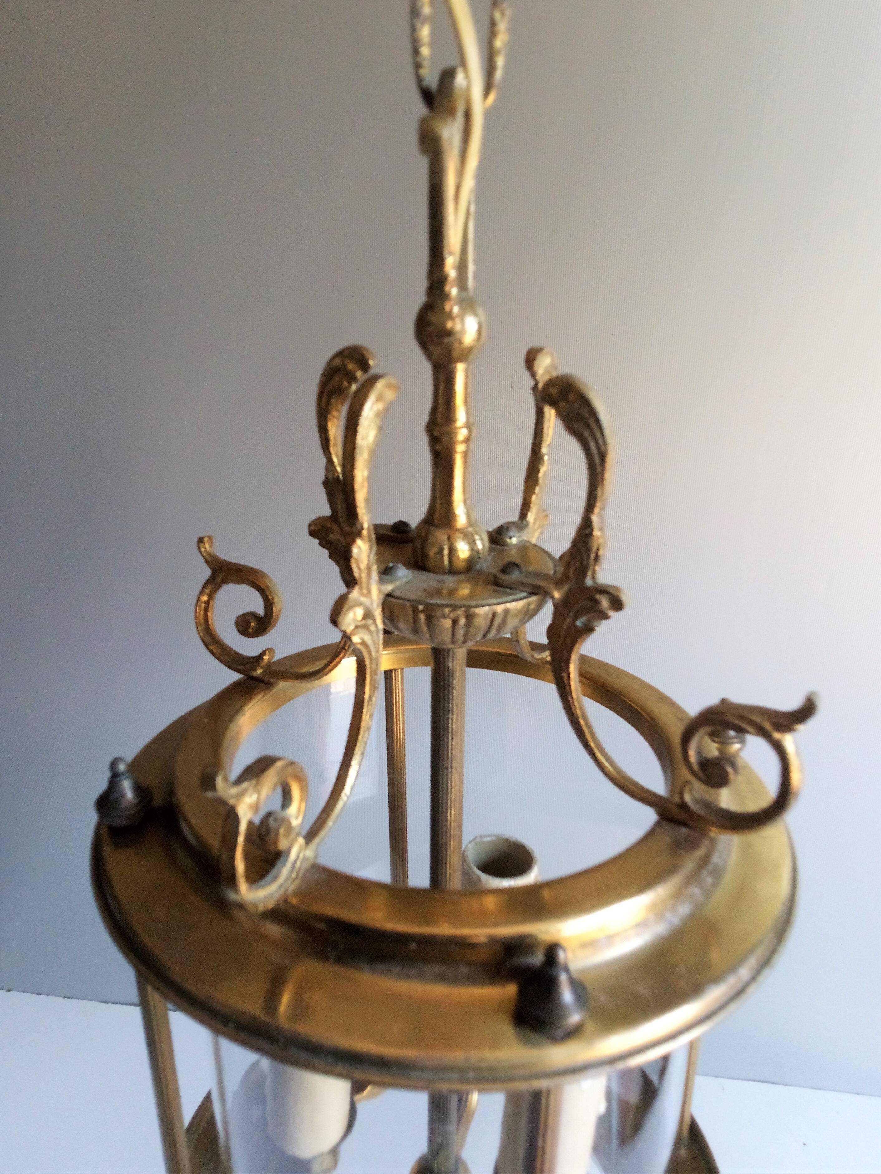 Antique entrance hall lantern - 3 lights - brass & convex glass