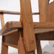 Pair of brutalist oak throne chairs with rush seats – Netherlands, 1930s