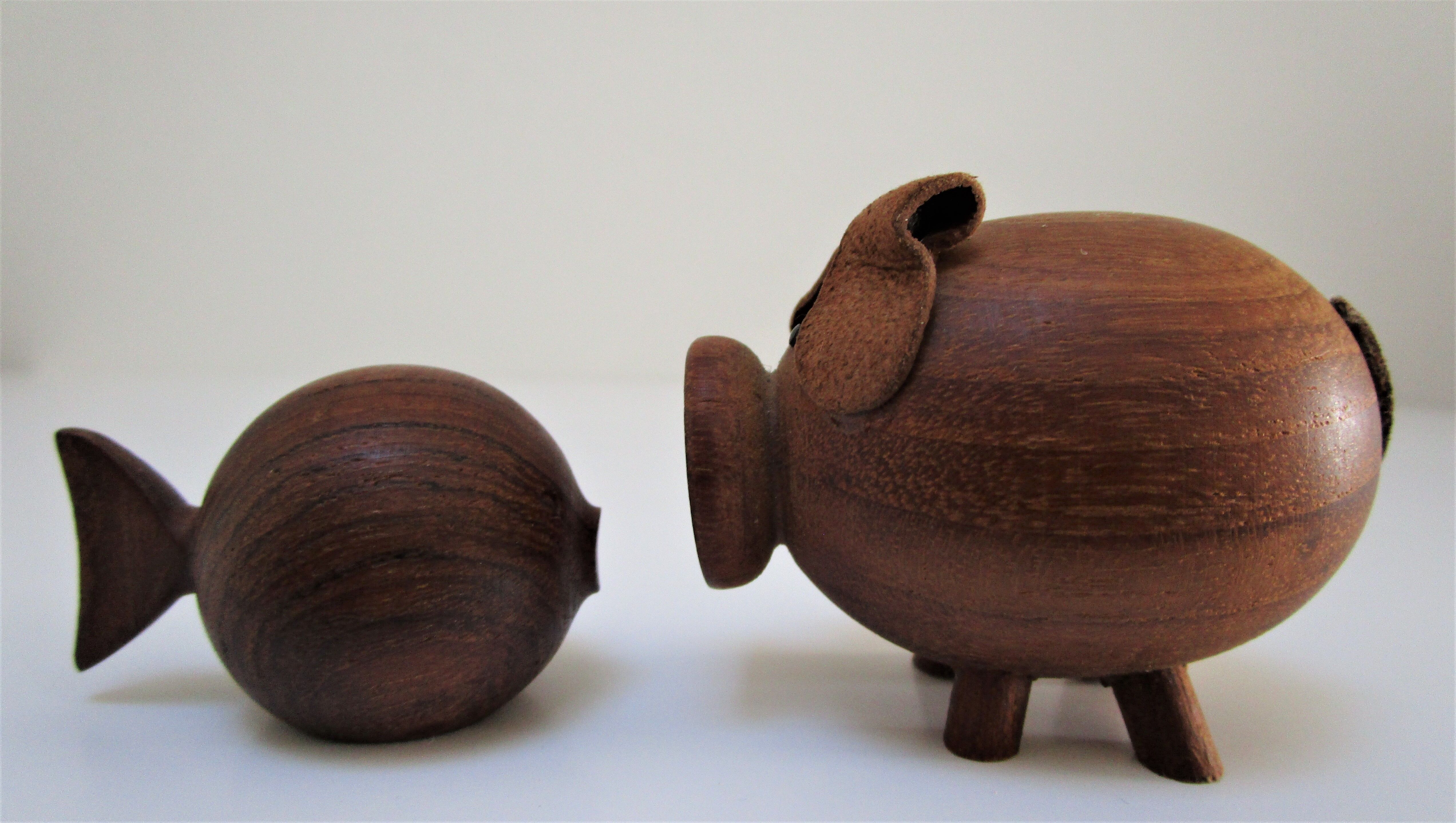 pig and fish wood teak vintage Scandinavian toy 60s