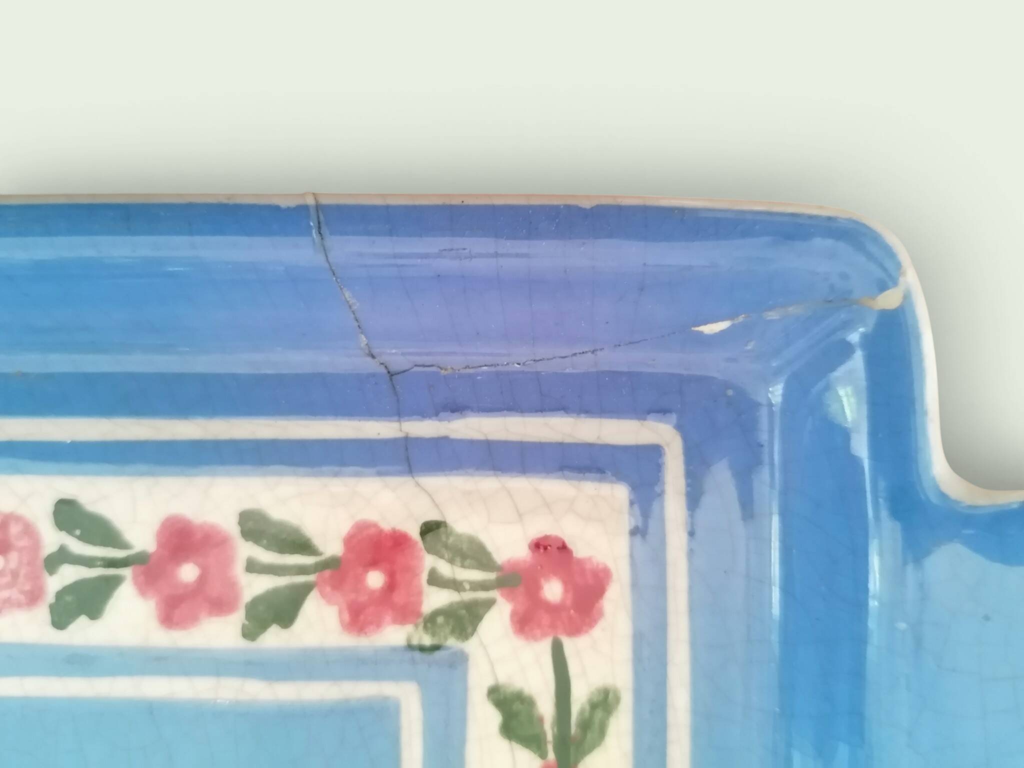 Service à thé en faience ancienne bleu et rose. Sarreguemine 1950