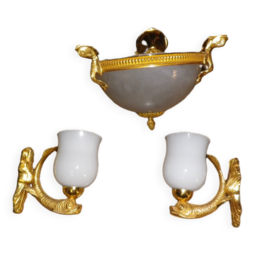 chandelier and its golden bronze brass wall lights