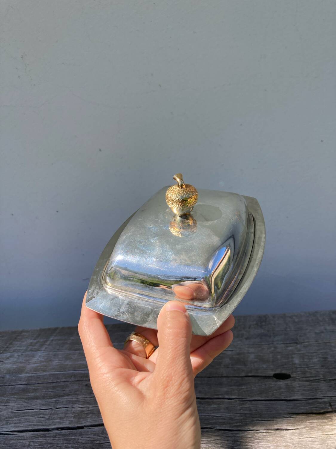 Acorn silver metal butter dish