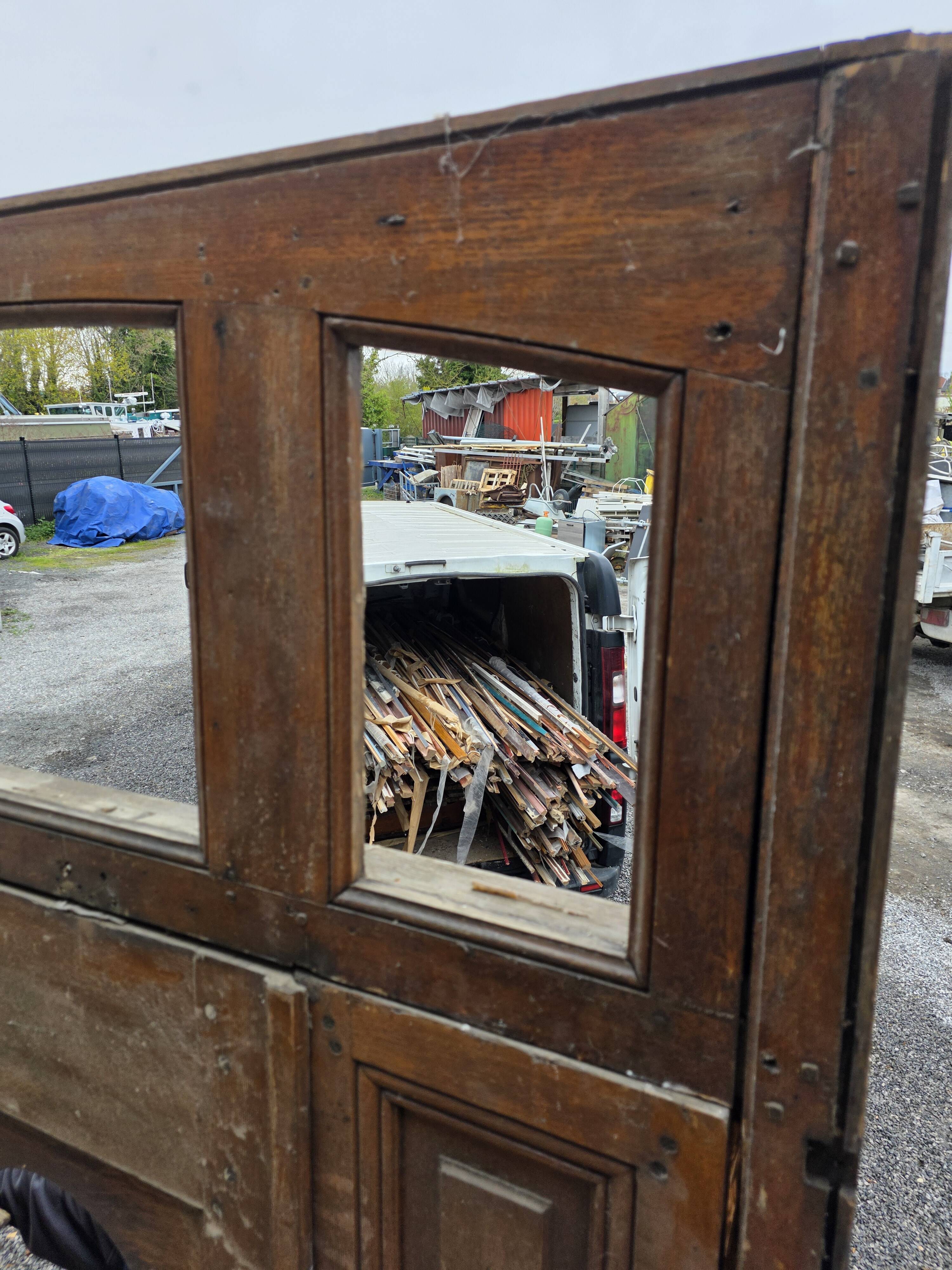 19th-century solid oak entrance door with three openings, including frame.