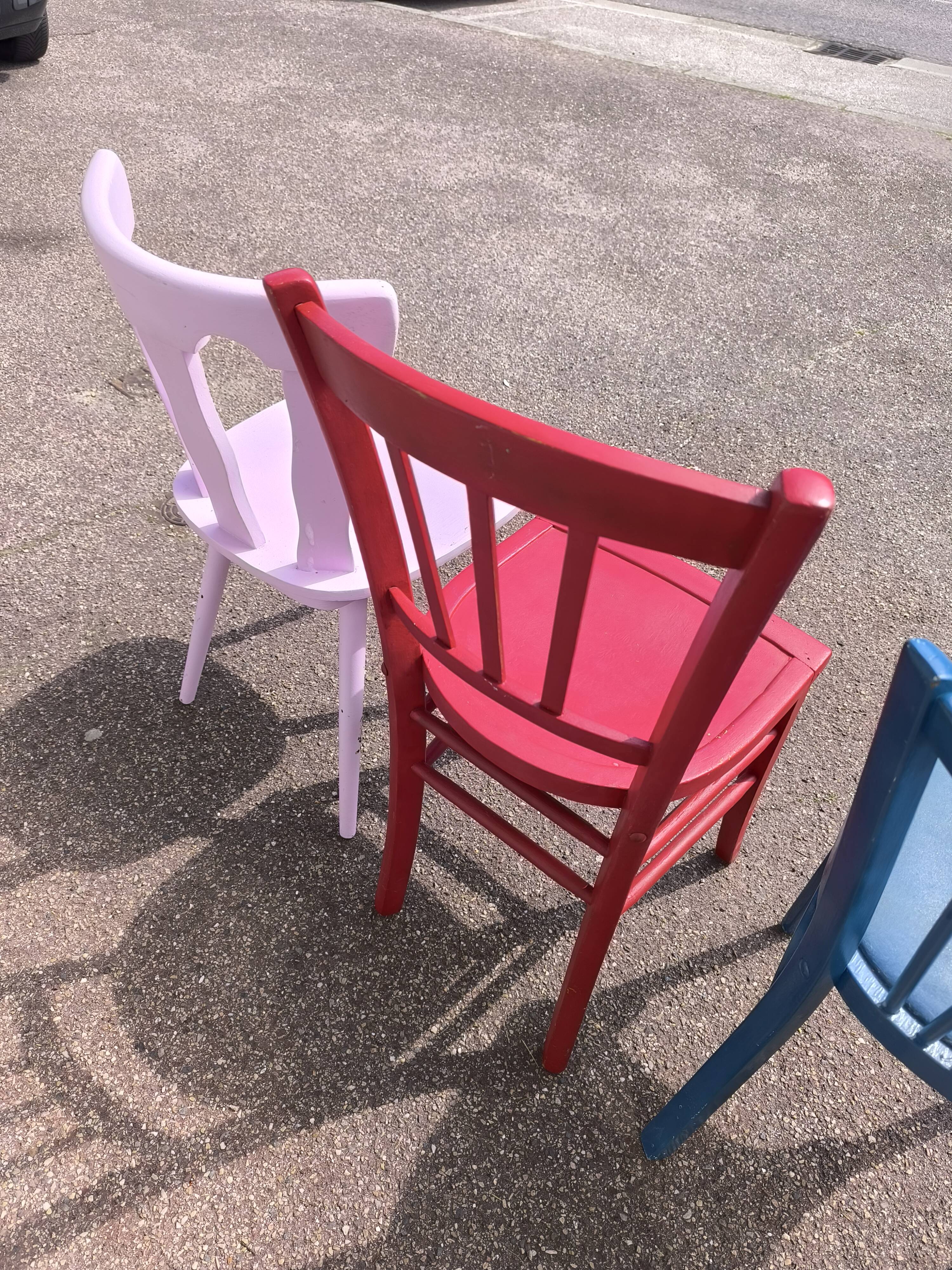 Set of 6 mismatched vintage bistro wooden chairs.